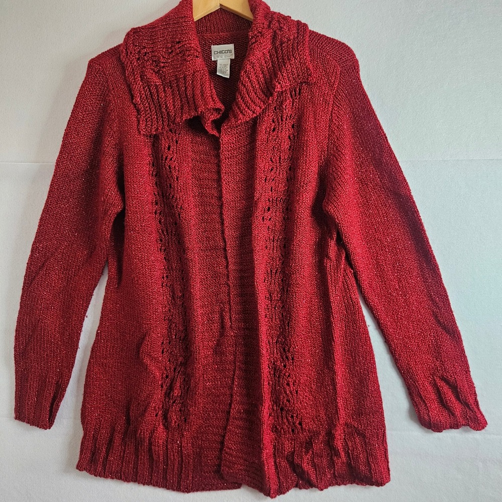 Chicos Red Metallic Knit Open Front Cardigan Sweater Wool Blend Size 2 Large